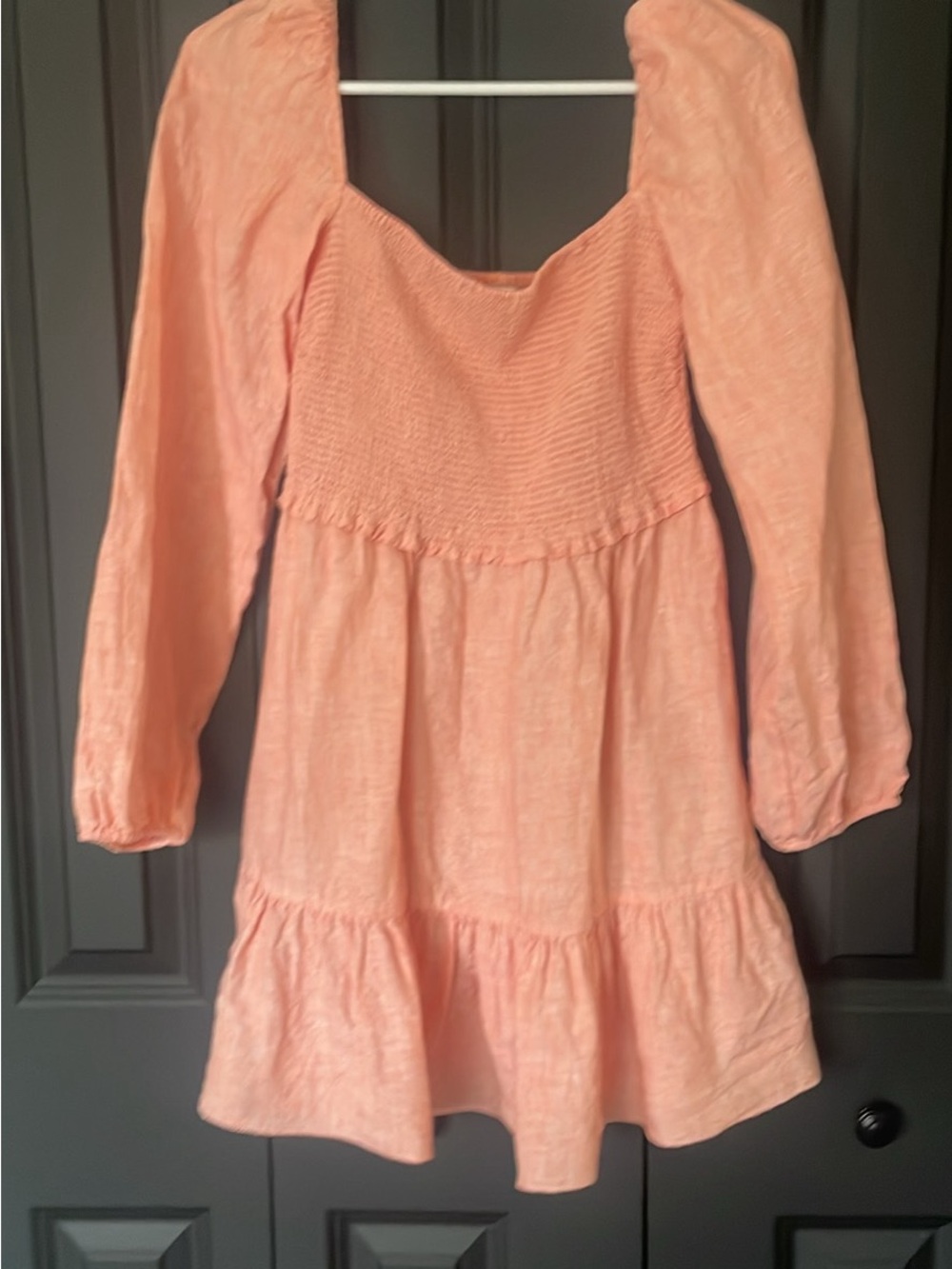 Aritzia Wilfred Peach Tempest Linen Mini Dress with raw hem.